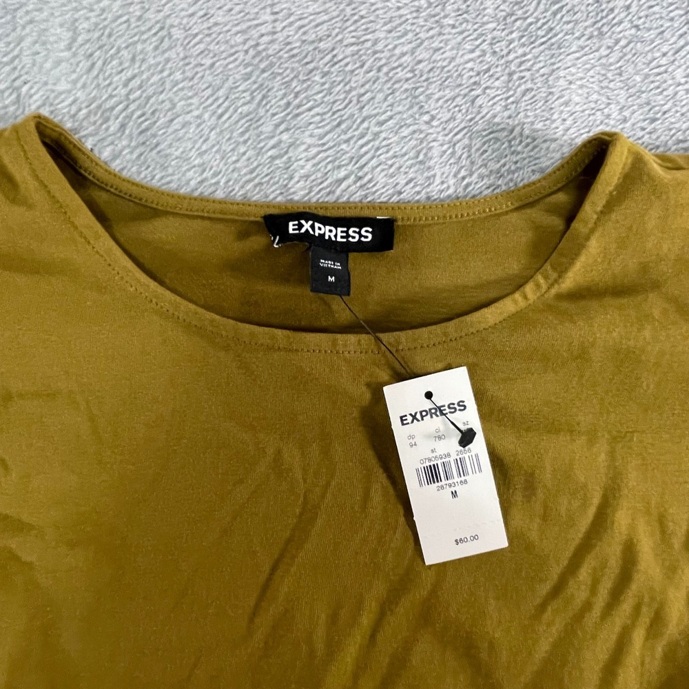 NWT Express‎ Olive Green Shoulder Pad Midi Dress Size M Elastic Waist - Picture 3 of 10